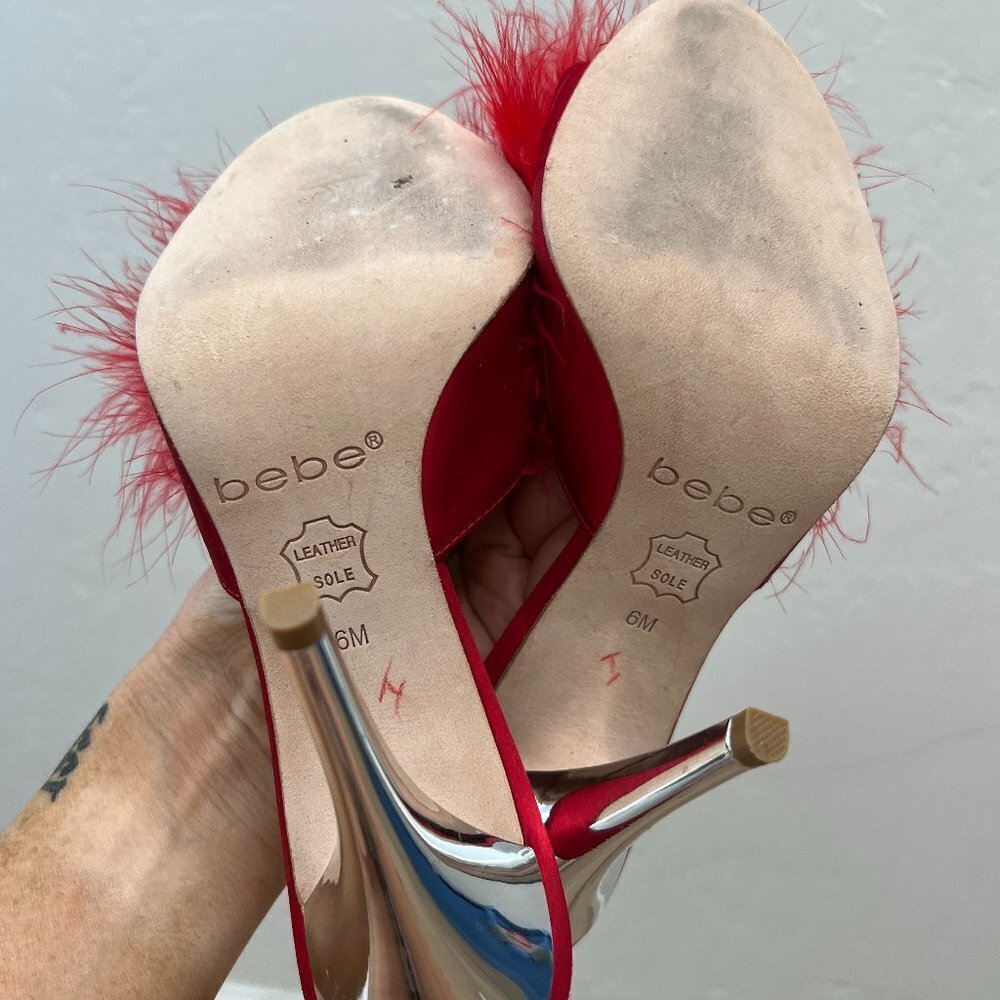 Vintage 1990's/Y2K Bebe Red Feather Heeled Mules - Picture 7 of 8